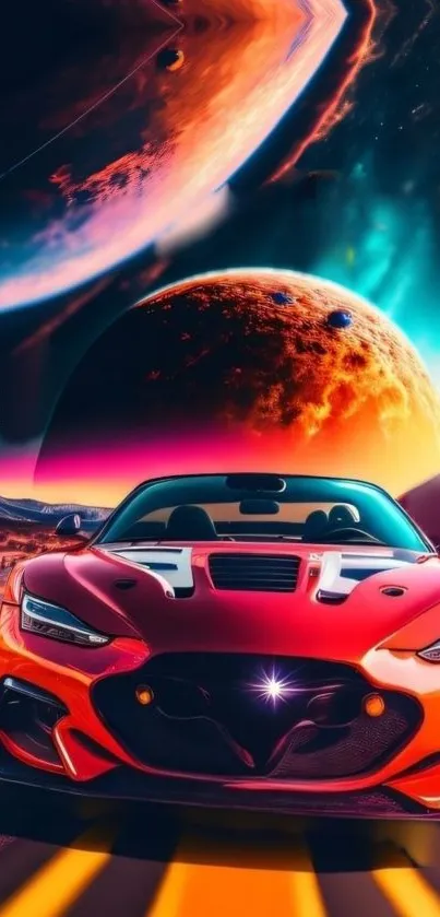 Futuristic car with planets in space backdrop, vibrant colors.