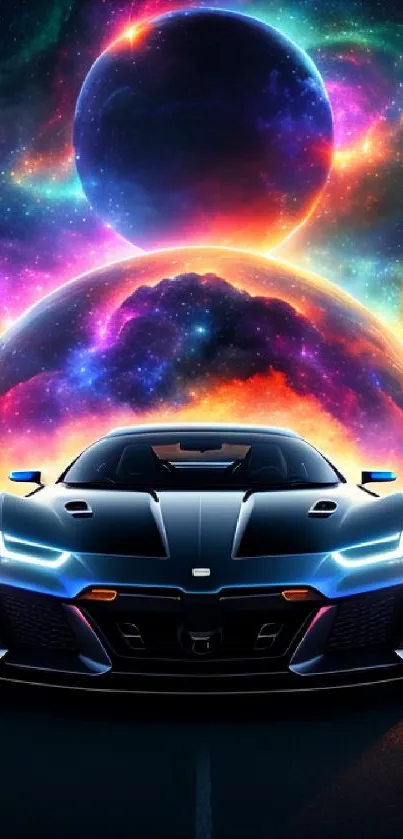 Futuristic black car under a vibrant cosmic sky with colorful planets.