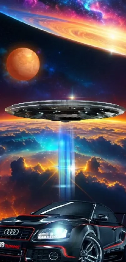 Futuristic car with UFO and cosmic background.