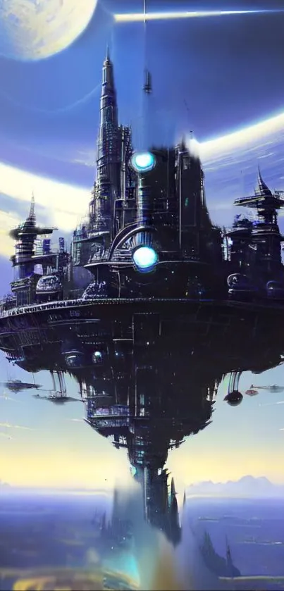 Futuristic space city with planet, sci-fi wallpaper.