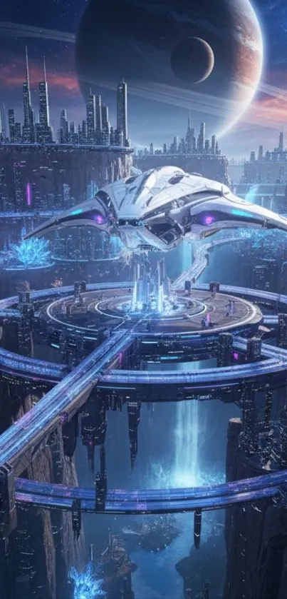 Futuristic space cityscape with spaceship and platforms.
