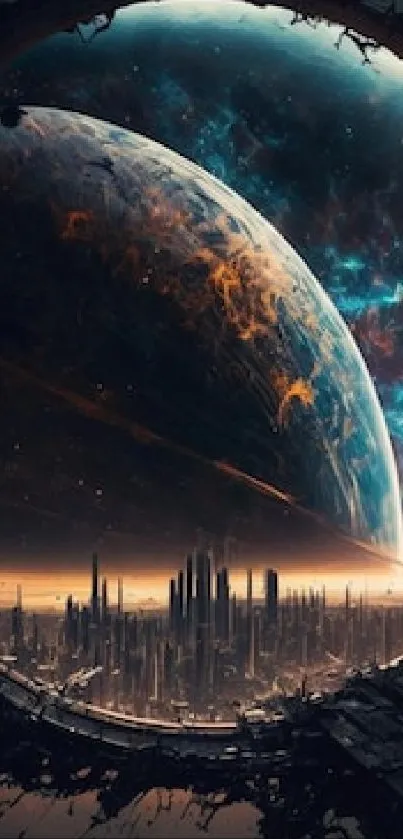 Futuristic cityscape through cosmic portal with alien planet.
