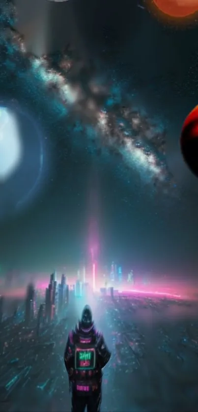 Futuristic cityscape with planets and galaxies in vibrant space setting.