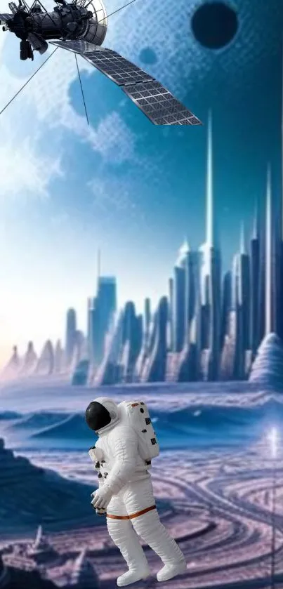 Astronaut in a futuristic cityscape with satellite and cosmic background.