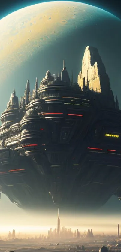 Futuristic space cityscape with a large flying structure in front of a planet.
