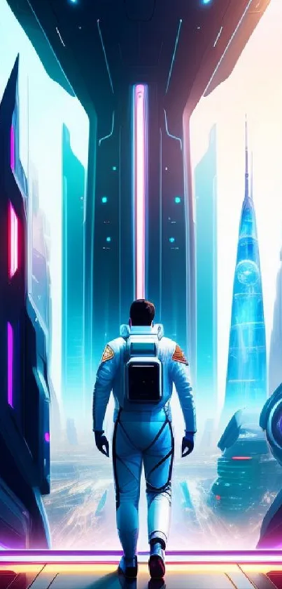 Futuristic neon cityscape with astronaut in space suit.