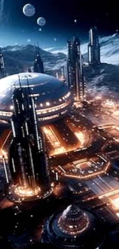 Futuristic cityscape in space with towering structures under a starry sky.