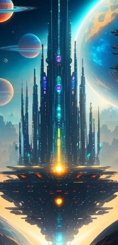 Futuristic cityscape in space with planets and vibrant colors.