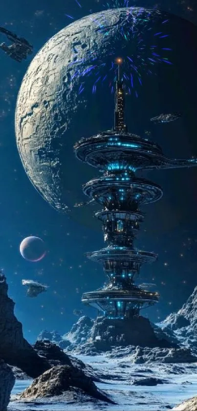 Futuristic cityscape on a distant planet under a starry sky.