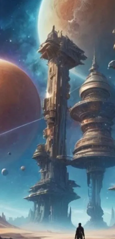 Futuristic cityscape with towering structures in a cosmic setting featuring planets.