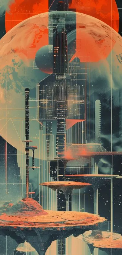 Futuristic space cityscape with orange planets.