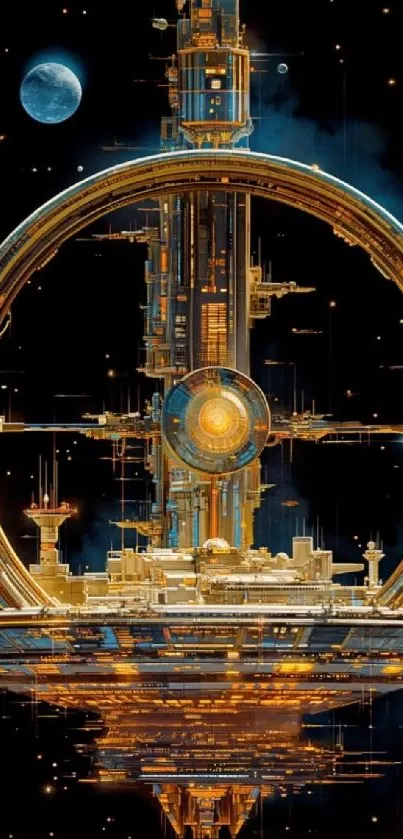 Futuristic space cityscape with glowing elements and deep space backdrop.
