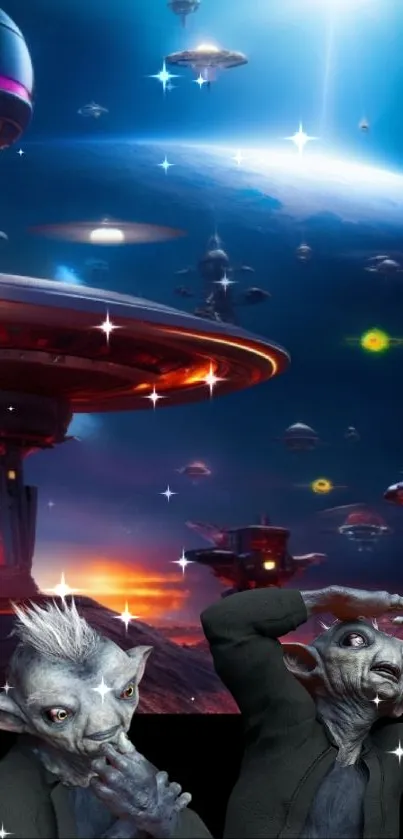 Futuristic cityscape with spaceships and glowing skyline in space.