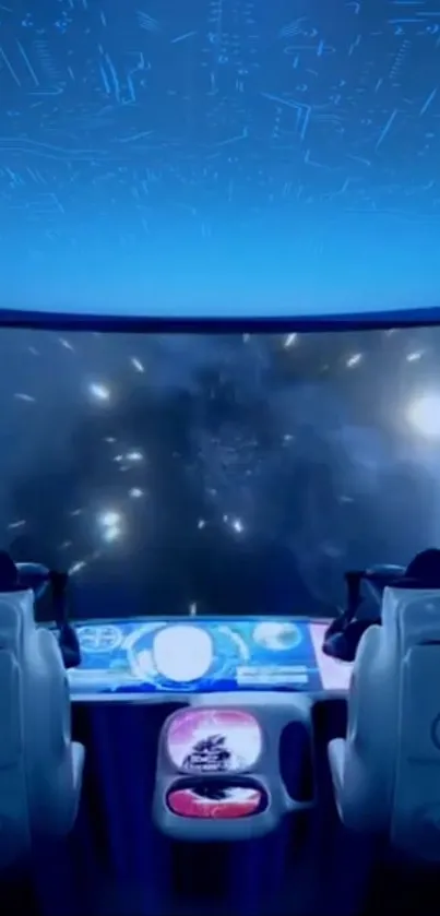 Futuristic cockpit in space with a starry blue hue.