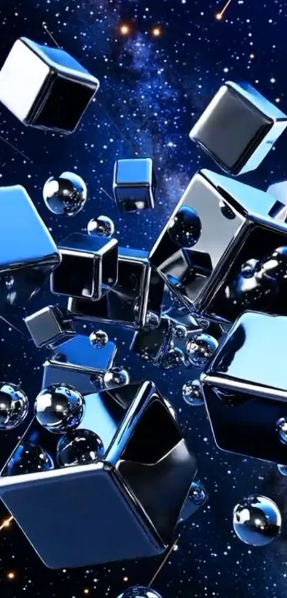 Futuristic space-themed mobile wallpaper with metallic cubes floating in a starry background.