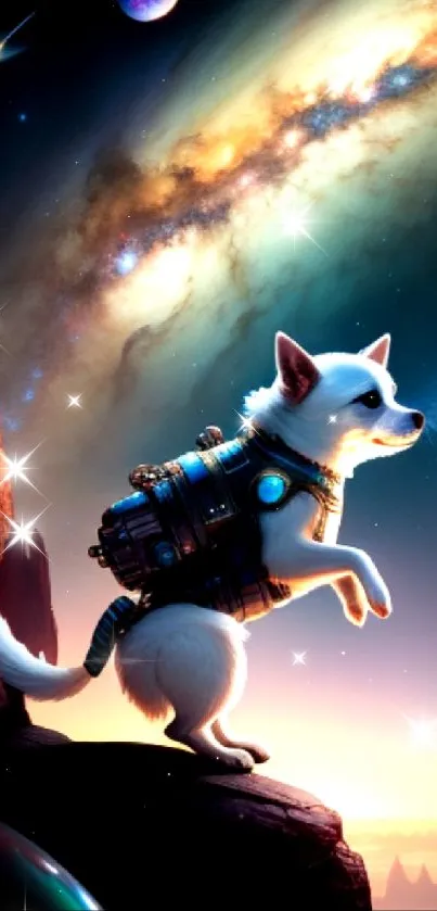 Futuristic white dog in space with starry galaxy background and cosmic adventure theme.