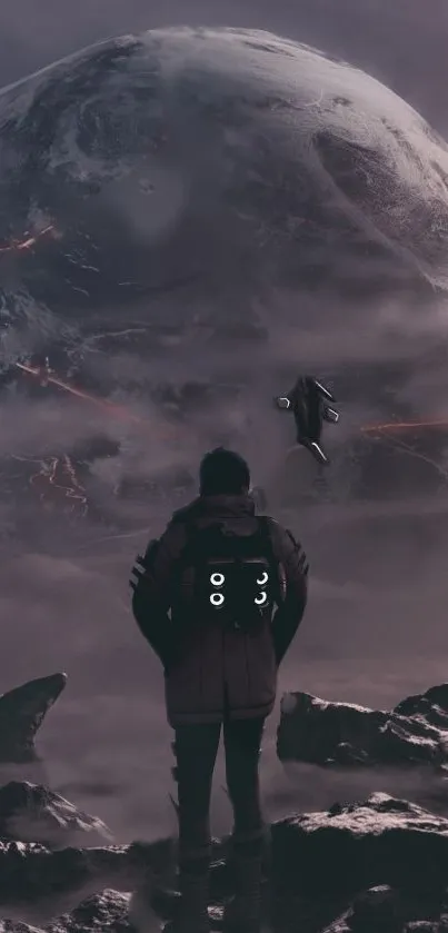 Futuristic space scene with distant planets and explorer.