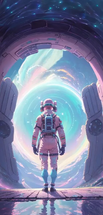 Astronaut explores a cosmic portal in space. Futuristic mobile wallpaper.