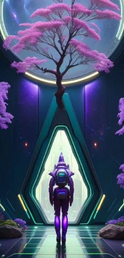 Futuristic art depicting a space explorer under a cosmic tree with purple hues.