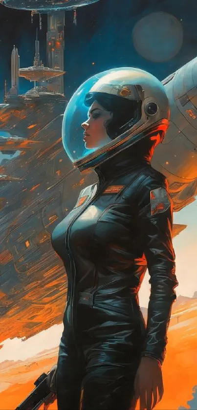 Futuristic art of a space explorer with spacecraft background.