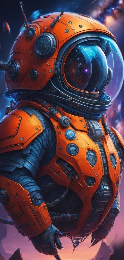 Vibrant astronaut design in space, featuring orange hues and a cosmic backdrop.