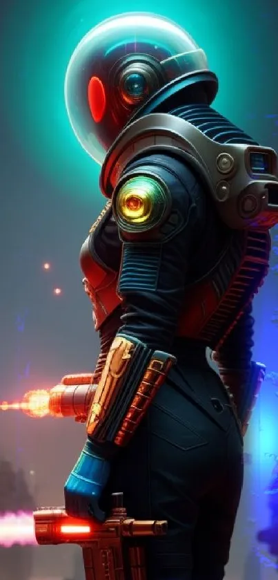 Futuristic astronaut with neon accents on alien planet.