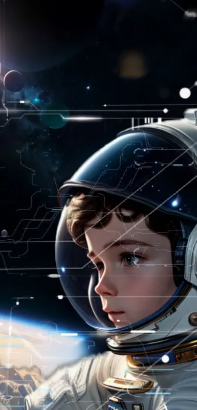 Young astronaut exploring space with futuristic elements on mobile wallpaper.