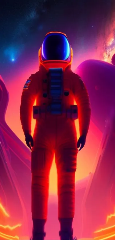 Astronaut in neon space suit standing between glowing cosmic structures.