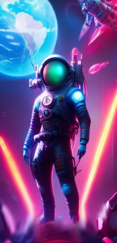 Futuristic astronaut with neon lights and a blue planet in the background.