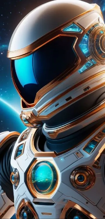 Futuristic astronaut in cosmic space, colorful sci-fi illustration.