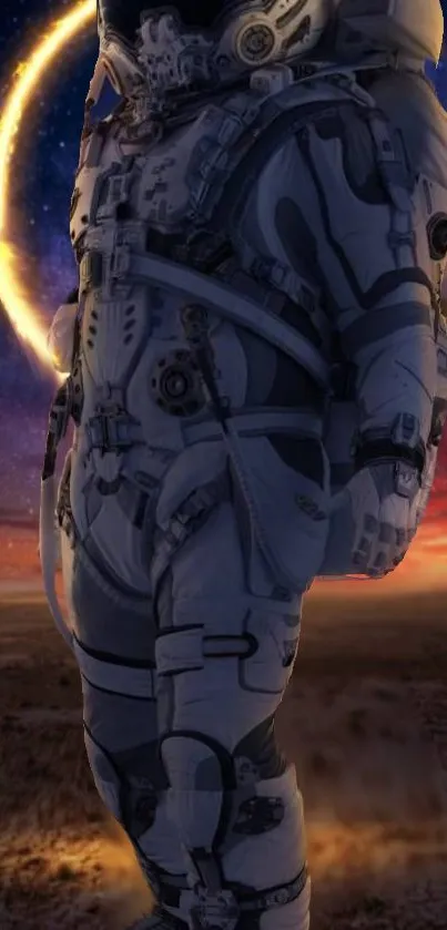 Astronaut in futuristic suit with galaxy backdrop.