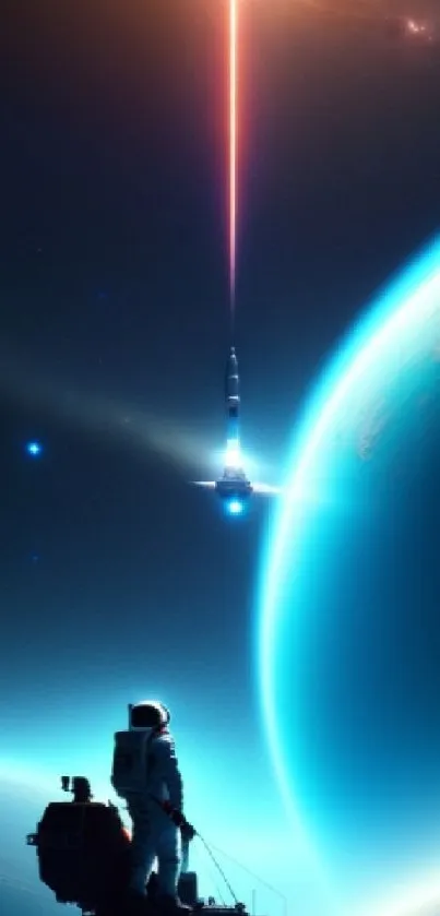 Astronaut on a planet with spacecraft launching in blue space scene.