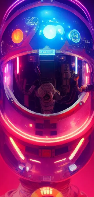 Neon-clad astronaut helmet in space-themed wallpaper.