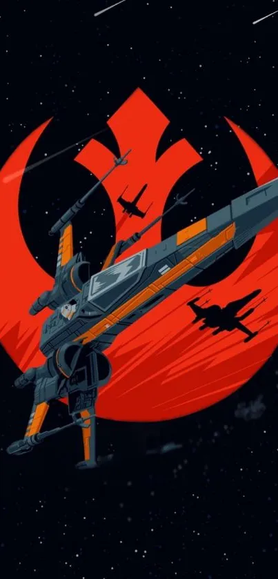 Futuristic space fighter with red symbol in starry sky.