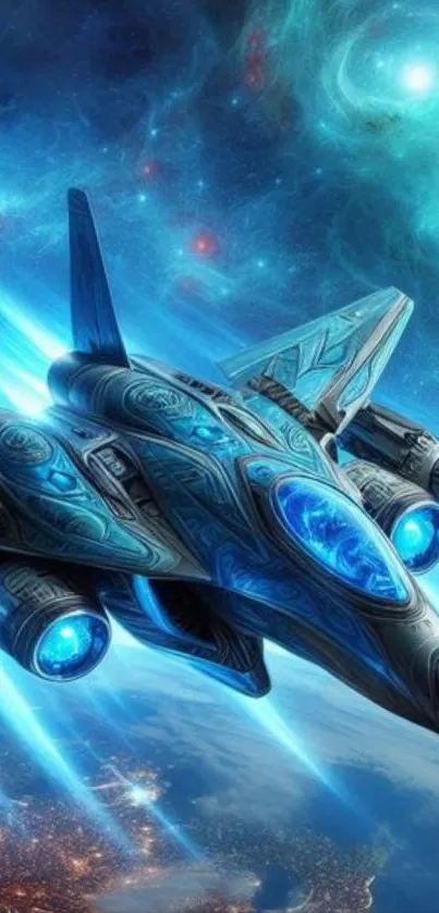 Futuristic space fighter zooms through cosmic clouds.