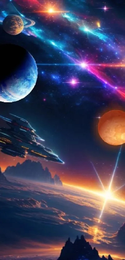 Futuristic galaxy wallpaper with planets and vibrant cosmic scene.