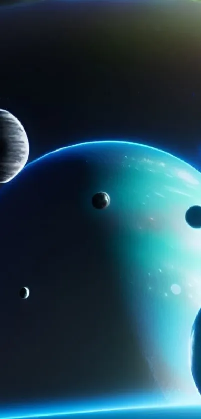 Futuristic space themed wallpaper with planets and stars.