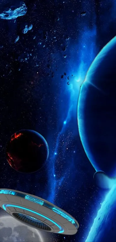 Futuristic blue galaxy wallpaper with planets and spaceship.