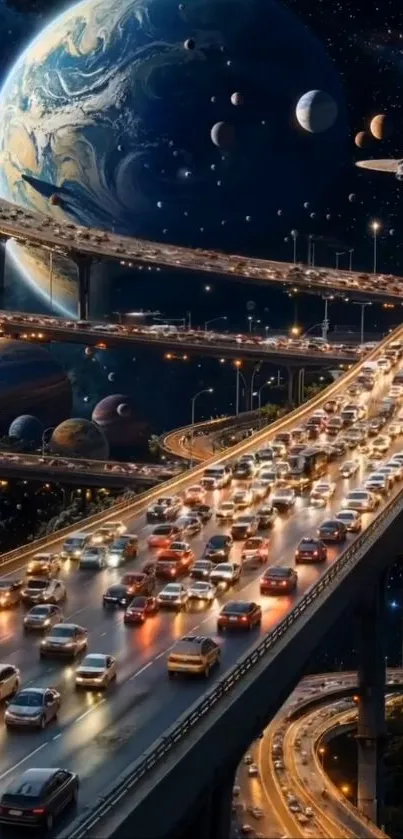 Futuristic space highway with planets in the background.