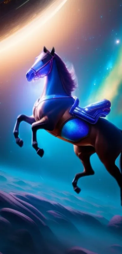 A cosmic horse gallops through a vibrant galaxy with planets and stars.