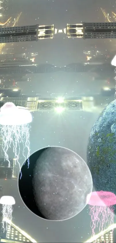 Futuristic space scene with floating jellyfish and planets in a cityscape.
