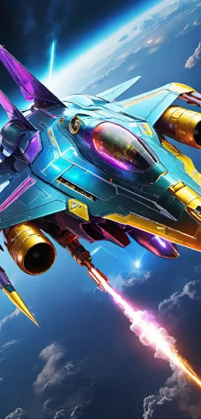 Futuristic space jet soaring in vivid blue skies.