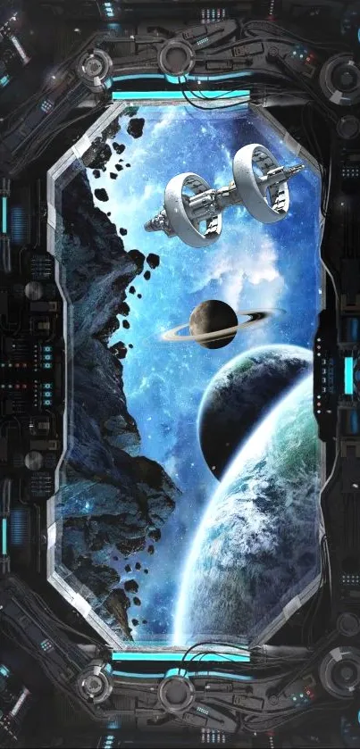 Futuristic spaceship interior with planets and cosmic view.