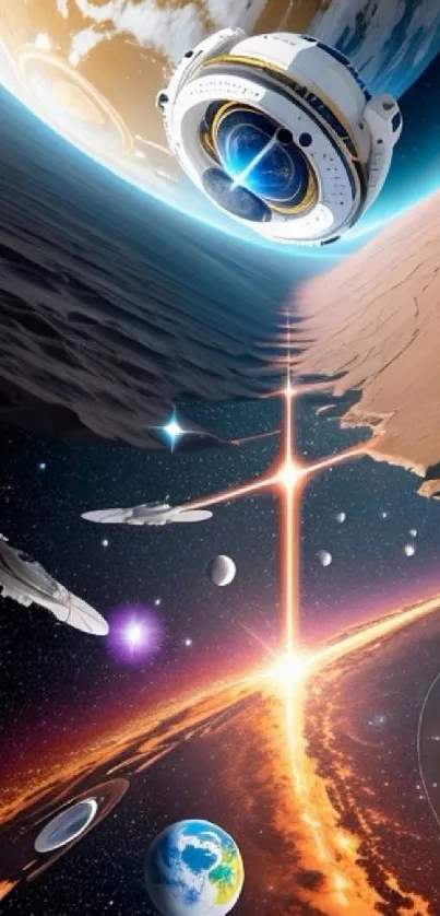 Futuristic spaceship exploring vibrant space with planets and stars.