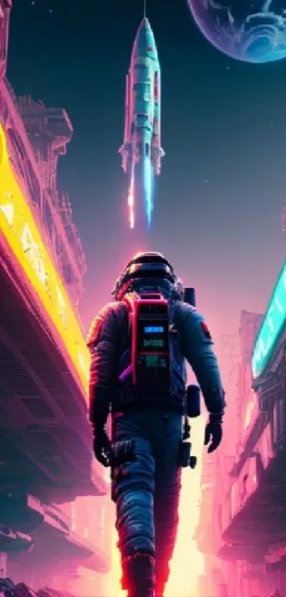 Futuristic space explorer in neon city with rocket launching, colorful scenery.