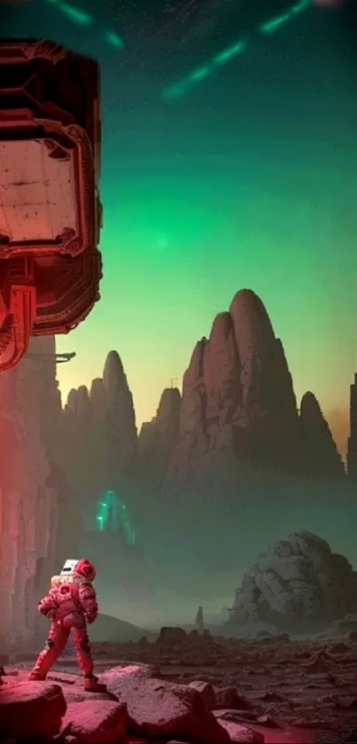 Astronaut exploring an alien planet landscape with vibrant green sky.