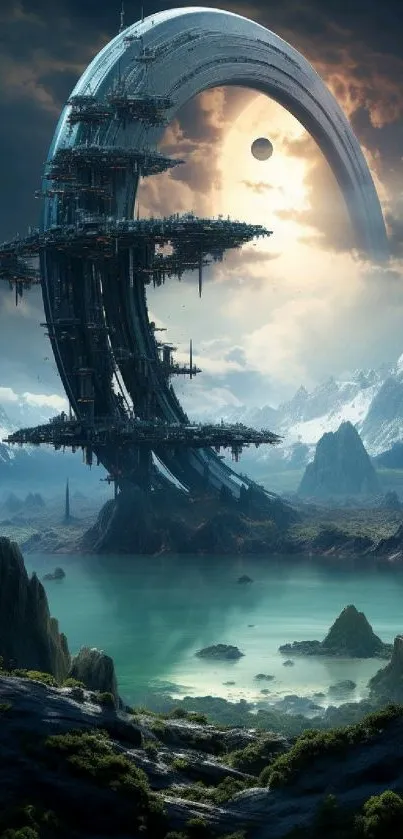Futuristic landscape with space structure and planets.