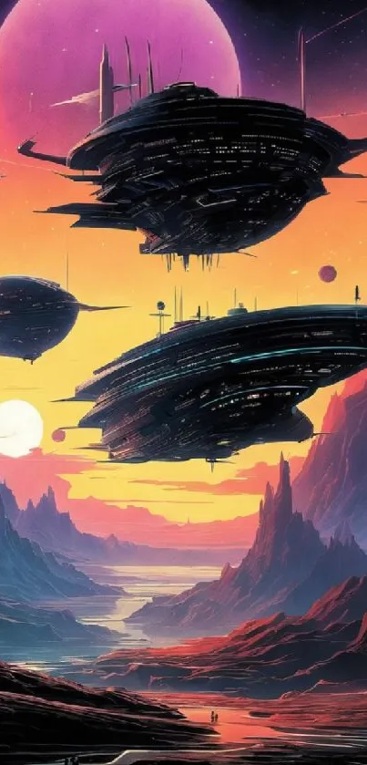 Futuristic space scene with floating spaceships.