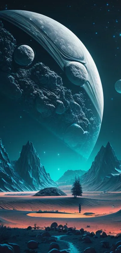 Futuristic landscape with planets and mountains in space.