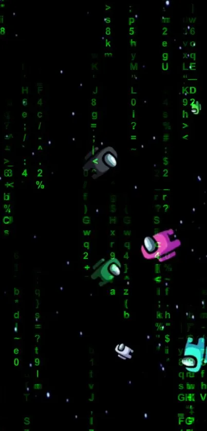 Space-themed wallpaper with astronauts and digital matrix codes.